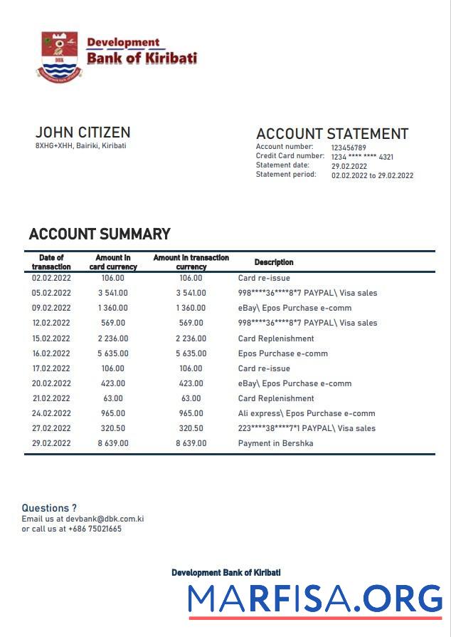 Blank Kiribati Development Bank of Kiribati bank statement word download for verification